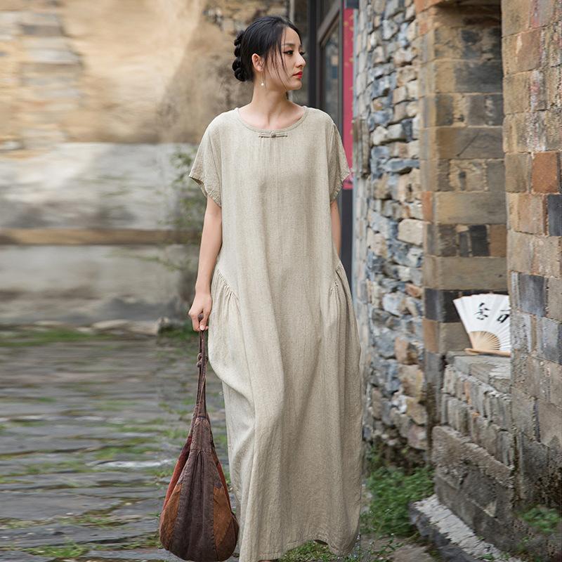 Johnature Women Vintage Dresses Chinese Style O-Neck Short Sleeve Cloths Summer Tie-dye Long Dress