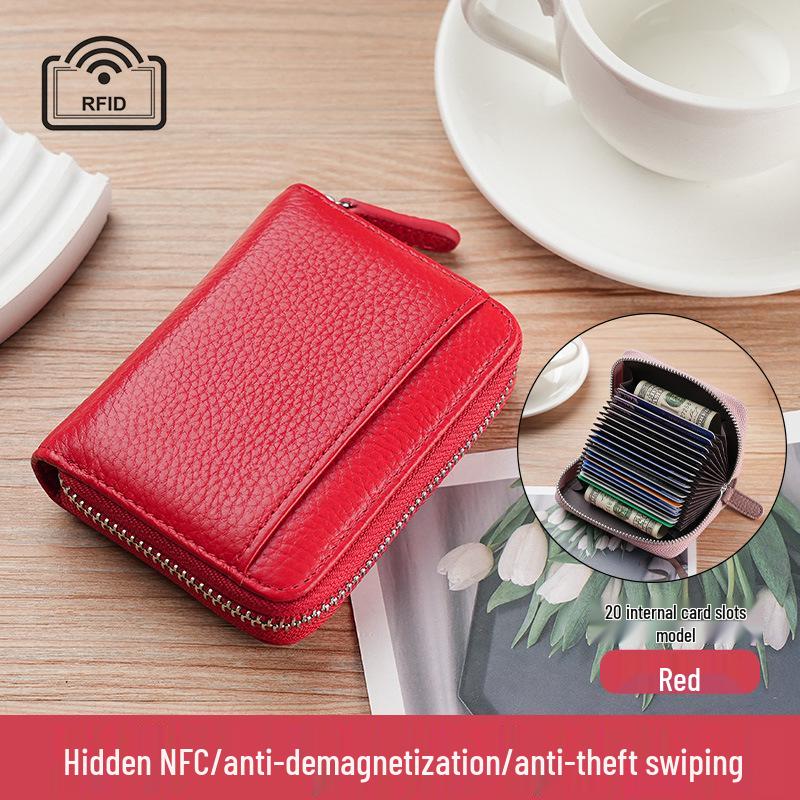 Women's Genuine Leather Zipper Card Holder - Anti-Demagnetization Multi-Slot Accordion Style