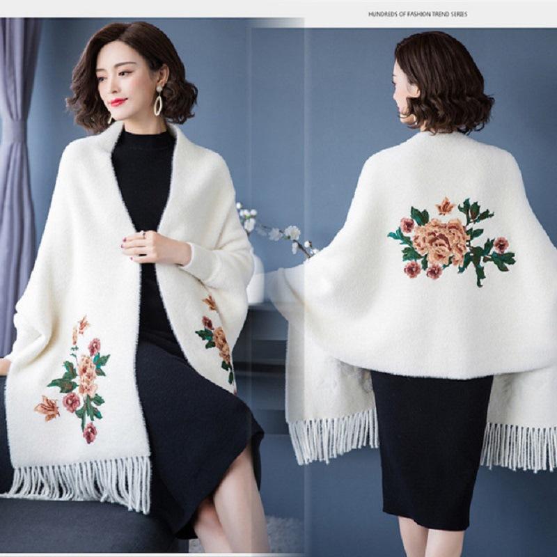 Pelerina din lână de nurcă șal cu franjuri pentru iarnă, cu dublu scop, brodat, pulover cu mâneci lungi, îngroșat, prietenos cu pielea