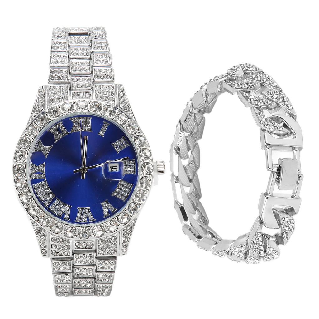 Silver Watch Large Blue Watch Dial Quartz Shiny Watch With Silver Bracelet Calendar