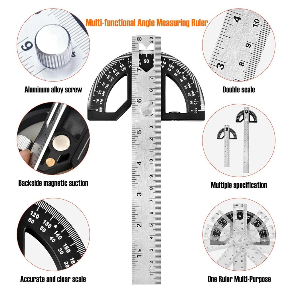 Protractor Angle Finder Stainless Steel Angle Ruler with 0-180 Degrees Adjustable Angle Square 8-Inch Woodworking Ruler for