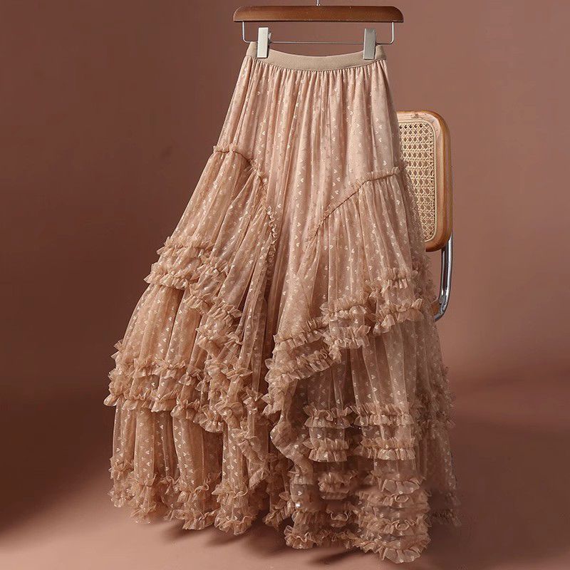 Qooth Plus Size Tulle Maxi Skirt Asymmetric Full Flare Tiered Skirt QT2731