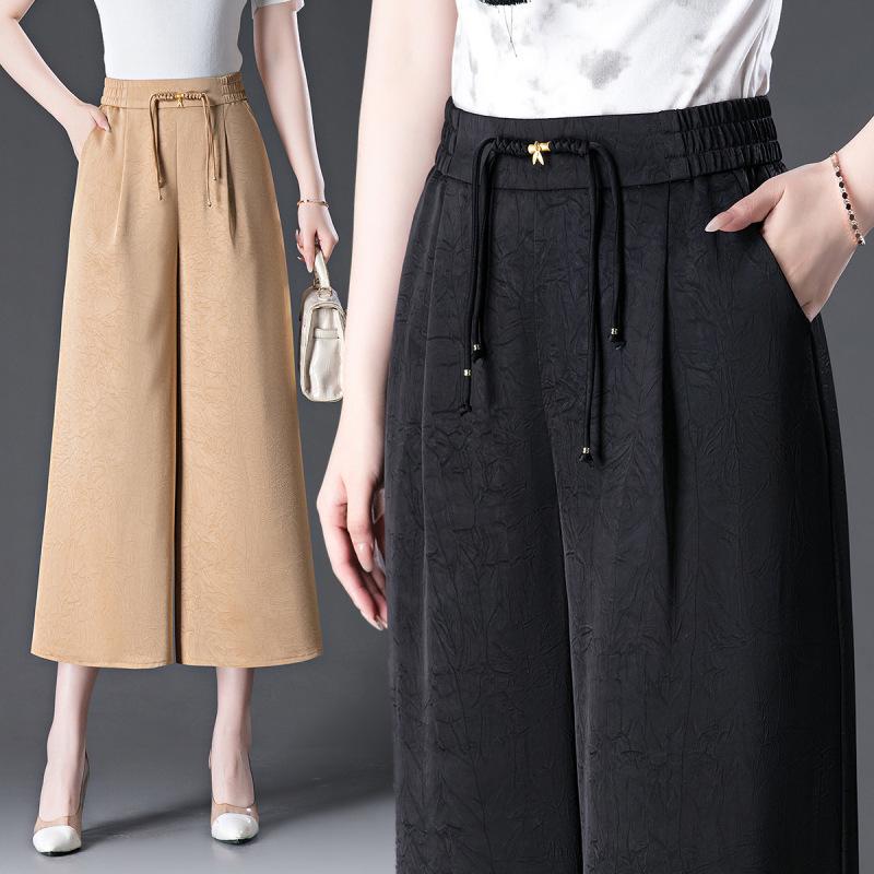 2024 Women's High Waist Drapey Wide-Leg Skirt Pants - Summer Plus Size, Eight-Point Length for Casual, Middle-Aged Style