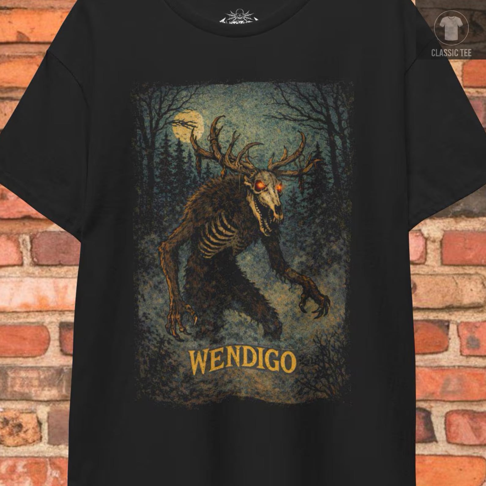 Wendigo Shirt Vintage Cryptid Horror Black Tee Antlered Monster Shirt Gothic Retro Art Gift For Folklore Lovers 3XL