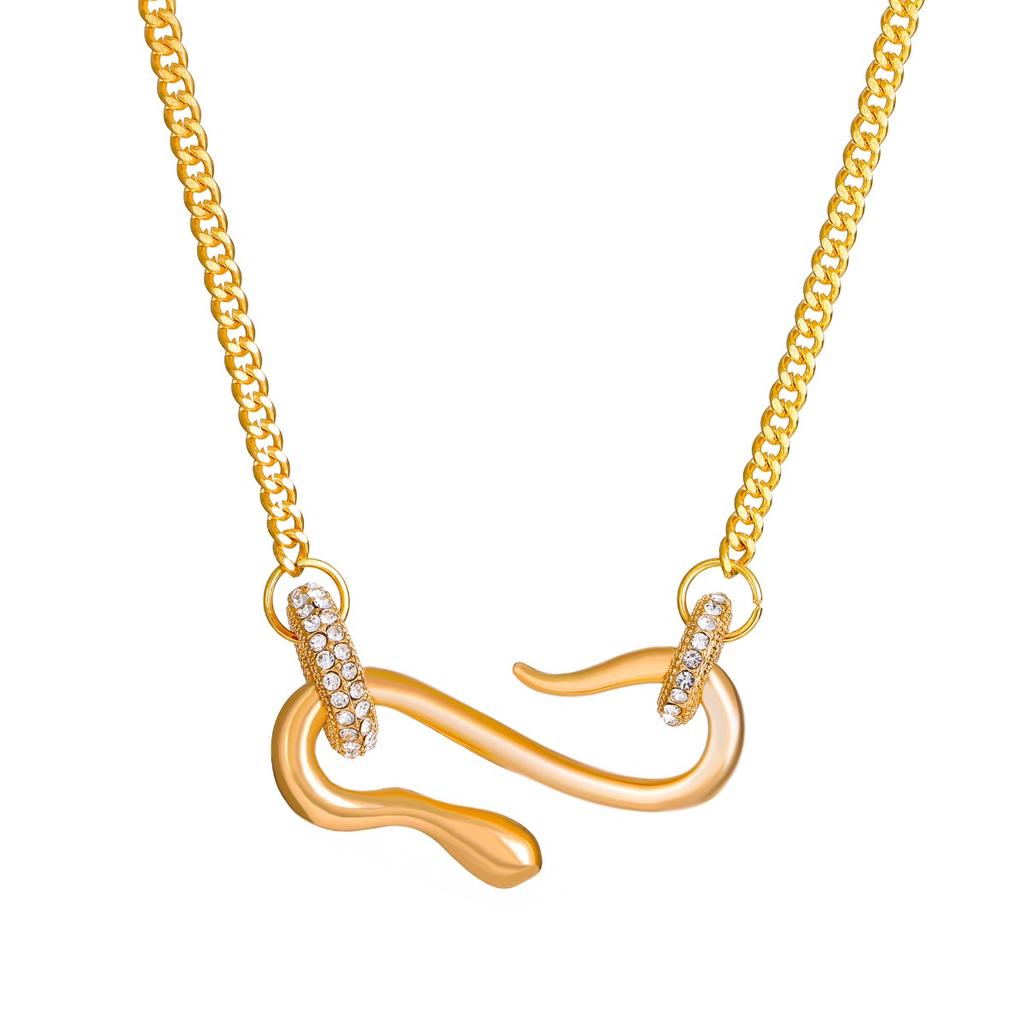 Abstract Curved Snake Pendant Necklace Shiny Stone Tube Curb Chain Minimalist Statement Neck Jewelry for Women Daily Party Wear
