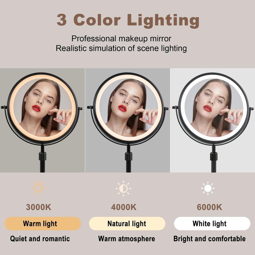 8.5 Inch Makeup Mirror With Light Lamp 10X Magnification 3 Color Lights,Adjustable Brightness Height Standing Cosmetic Mirror