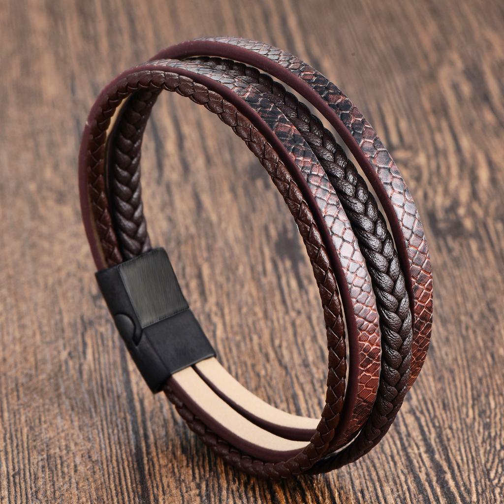 Men's Black Leather Bracelet Stainless Steel Double Layer Braided Wristband Fashion Handmade Cowhide Rope Jewelry Accessories