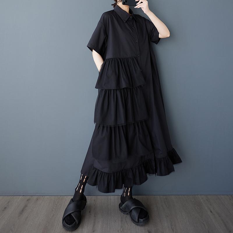 

DIMANAF 2026 Women Plus Size Summer Dress Casual Dress Basic Vintage Lace Spliced Buttons Loose Long Dress One Size чёрный