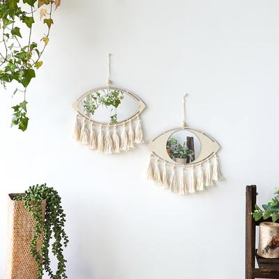 Evil Eye Wall Mirror Decorative Wooden Mirror With Tassels Wall Art Boho Home Decor for Bedroom Living Room Decoration Gift