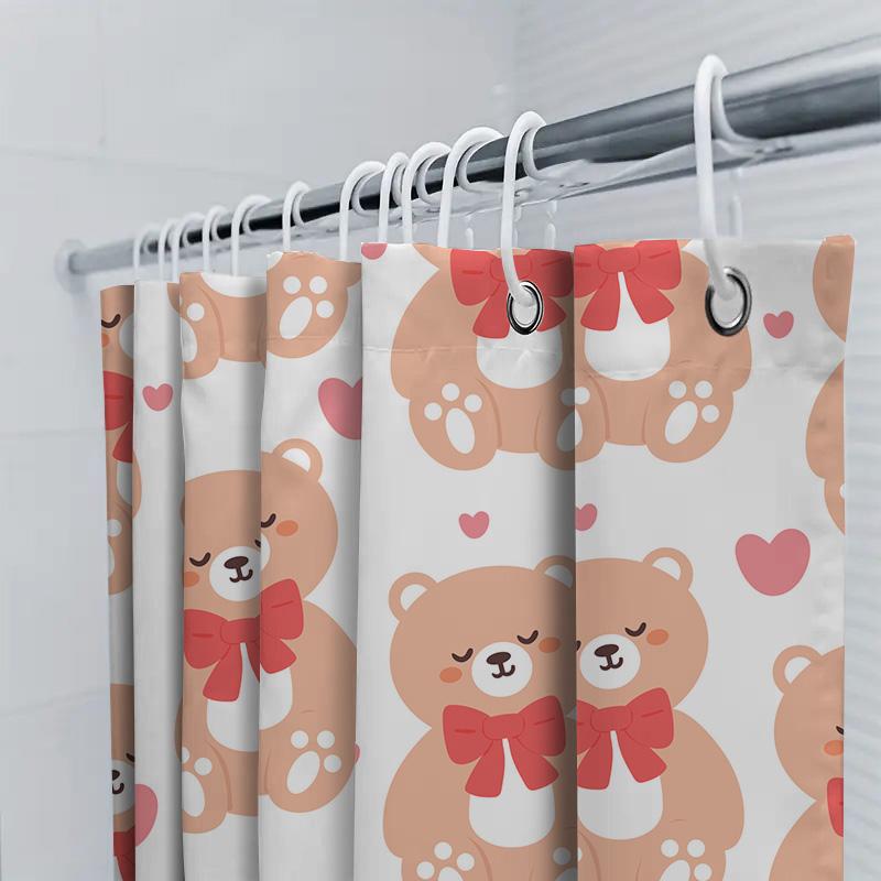 Teddy Bear Shower Curtain With Bowknot Print For Bathroom Decor Pink Red Hearts Pattern 160X180Cm Large Size Bath Tarpaulin Wate