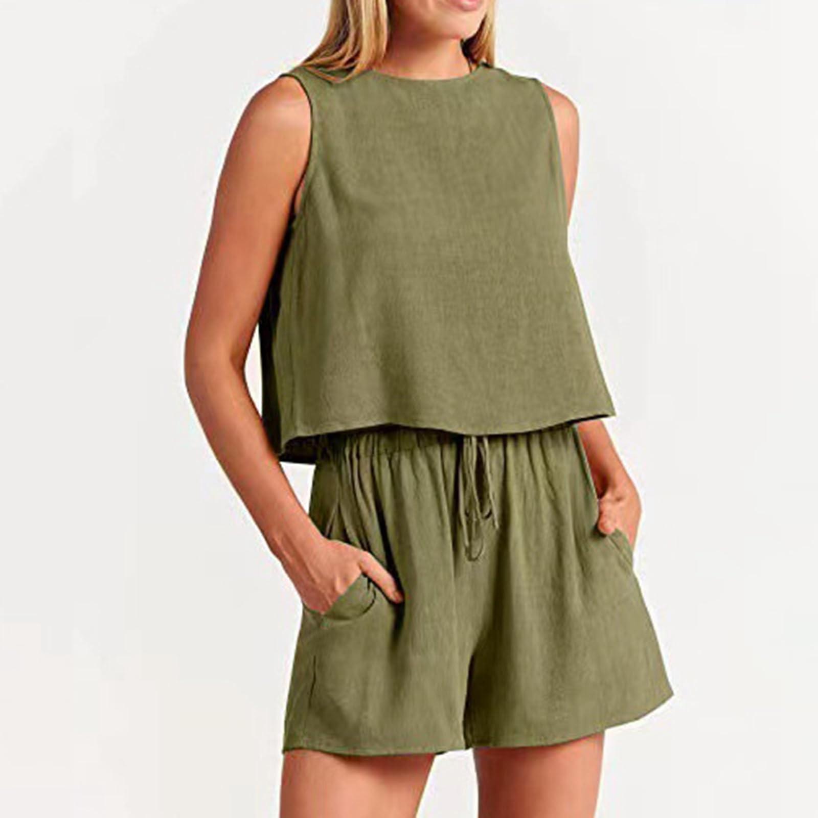 Женский летний льняной костюм из двух предметов без рукавов с круглым вырезом — фото 3