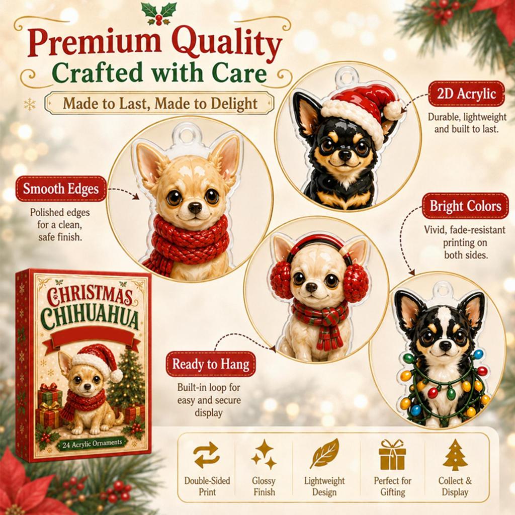 Calendario dell'Avvento di Natale 2026 Conto alla rovescia di Natale 24 Giorni Ciondolo Design Chihuahua in Acrilico Scatola Regalo Sorpresa Decorazione