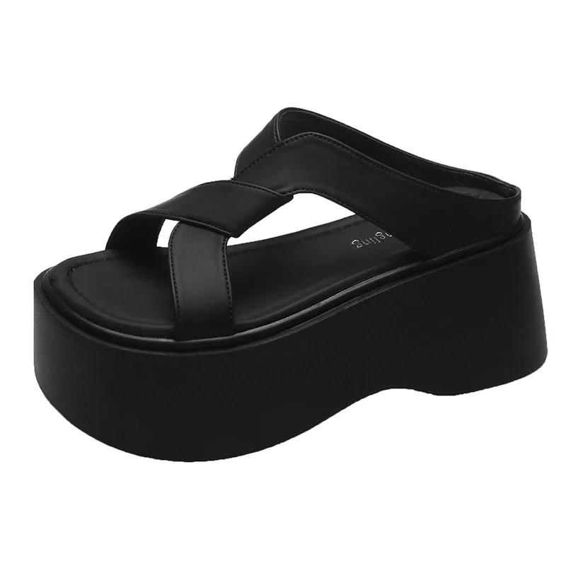 Fashion Summer Women Slippers Beach Flip-Flops Ladies Chunky Leather Shoes Wedge Heels Outside Sandals Woman High Platform Slippers 8CM