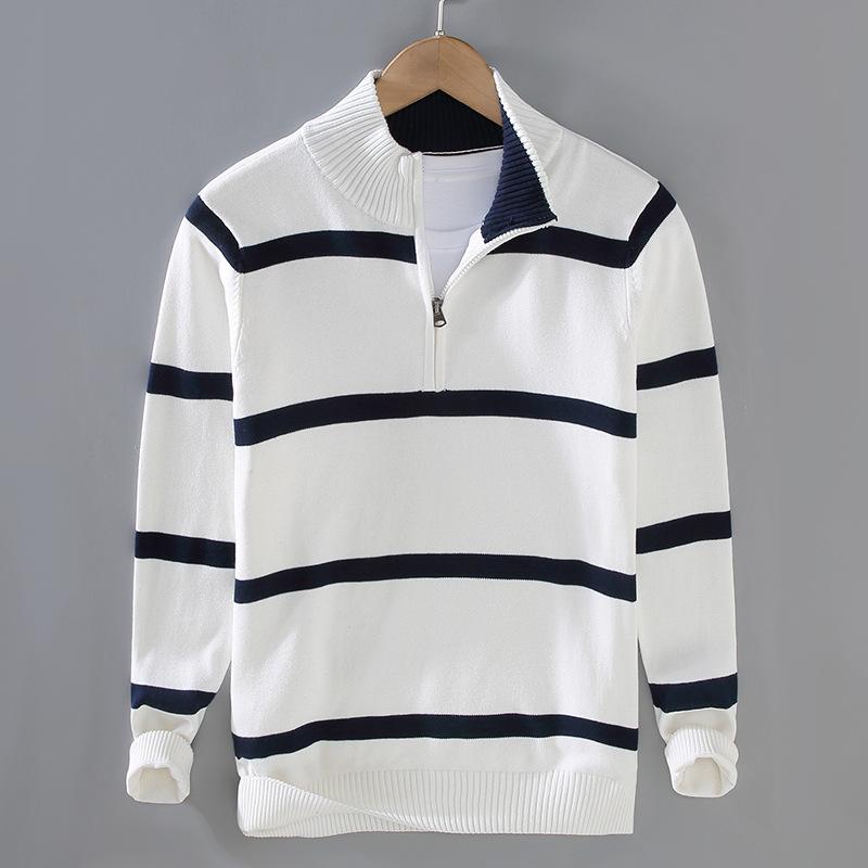 Осенне-зимний мужской свитер в европейском стиле повседневный вязаный свитер трикотаж в полоску на молнии облегающий свитер из чистого хлопка M белый 3249₽