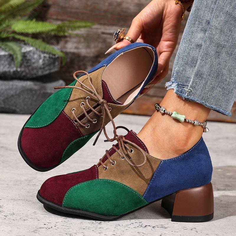 Pantofi Simpli cu Toc Bloc din Piele Suede Multicoloră Toamnă Nou Vârf Rotund cu Barete Antiderapanți Rezistenți la Uzură Tocuri Înalte