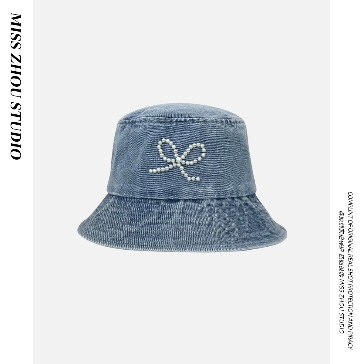 

Sweet and cute pearl bow fisherman hat children shopping retro casual denim basin hat adult (56-58cm) світло-синій колір
