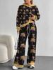 European, American autumn and winter blue splicing flower casual long-sleeved suit women's hooded sweater trousers two-piece set