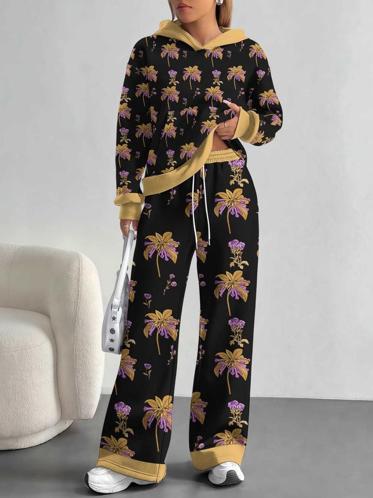 European, American autumn and winter blue splicing flower casual long-sleeved suit women's hooded sweater trousers two-piece set
