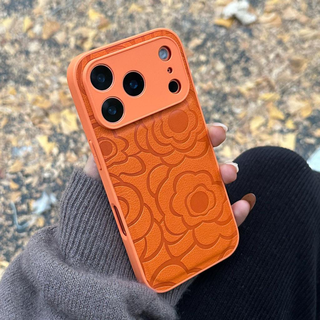 Luxury Camellia Leather Texture Phone Case for iPhone 17 Pro Max & 16, Autumn/Winter Edition