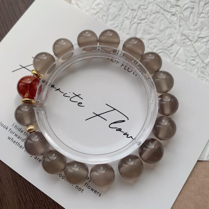 Gray Agate Beaded Bracelet With Red Resin Flower Crystal Charm Unisex Minimalist Jewelry Gray Agate approx. 10mm slightly translucent