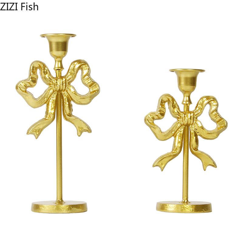 Golden Bowknot Decorative Candle Holder Ornaments Romantic Candlestick Table Decoration Wax Melt Burner Home Aroma Container