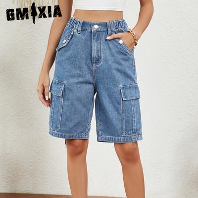 Damen Sommer Washed Personalisierte Denim Cargo Viertelhosen