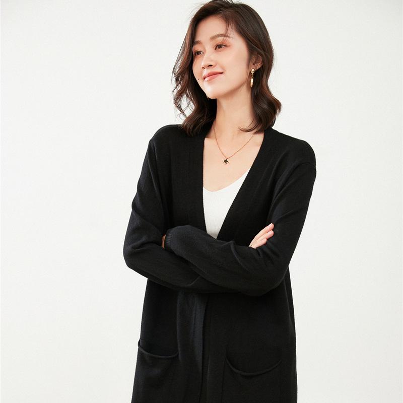 Women's Knee-Length Knit Cardigan Coat - Solid Color Long Sleeve Autumn/Winter Sweater