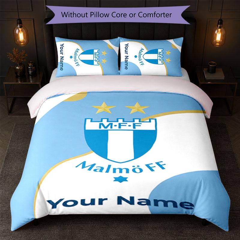 Malmö FF Custom Name Text Bedding Set 1 Duvet Cover+2 Pillowcases Soccer Logo Personalized Gift For Special Occasion Bedroom Decor