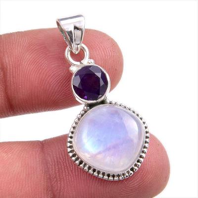 Natural Rainbow Moonstone, Amethyst Gemstone 925 Solid Silver Pendant 1.50" L5i61