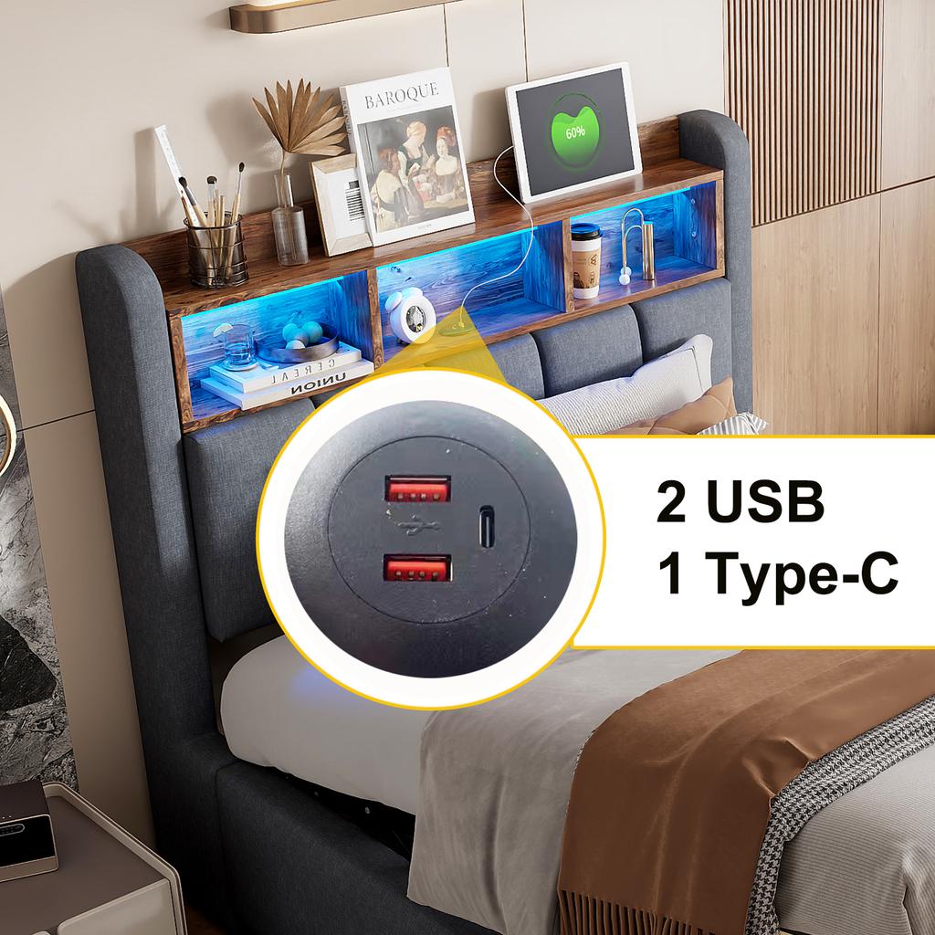 Letto imbottito 90*200cm con illuminazione LED e porta USB, testiera con ripiani, con contenitore idraulico, letto singolo per bambini, grigio lino