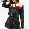 BITCED Women's Color-Blocked Patchwork Biker Jacket Pilot Jacket Short-Length Leather Jacket