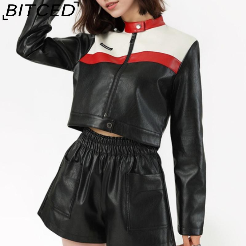 BITCED Women's Color-Blocked Patchwork Biker Jacket Pilot Jacket Short-Length Leather Jacket