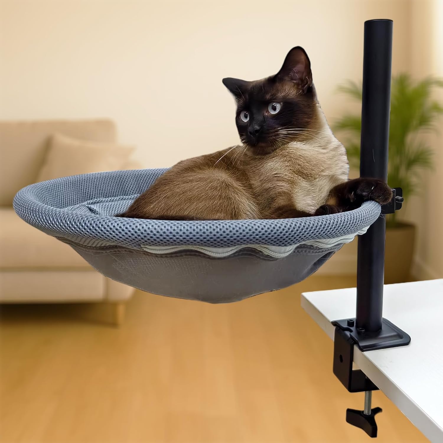 

Cat Desk Bed 360° Rotating, Height Adjustable with Hammock, Removable Washable Cover, Supports Up to 50lbs, for Indoor Cats (14 14