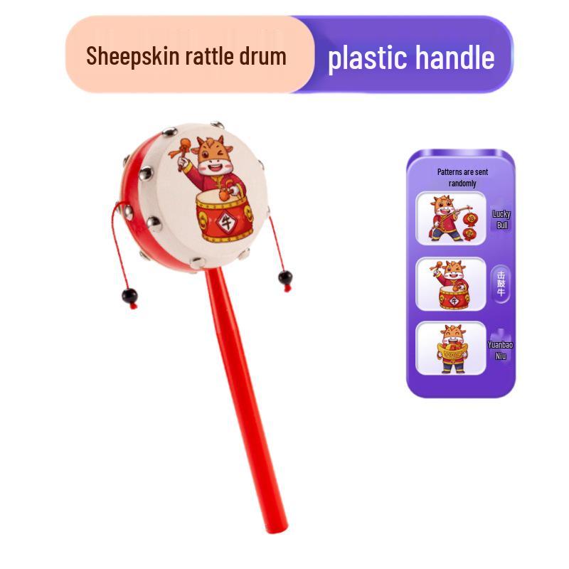 Wooden Sheepskin Baby Rattle Handheld Wave Drum for Newborns and Toddlers