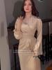 2024 Elegant Solid Color Pleated Waist-Hugging Long-Sleeve Dress