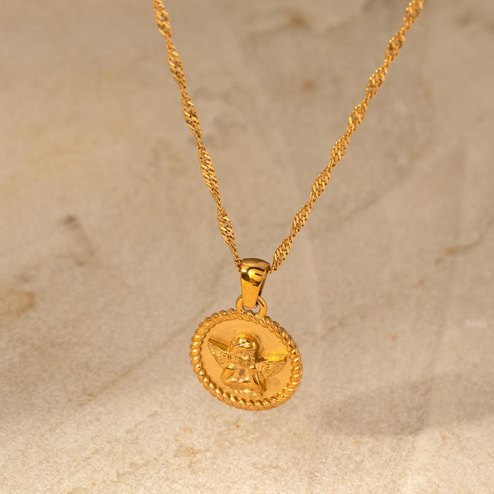 Süße Engelsanhänger Halskette für Damen Vergoldete Edelstahl Halskette Wellenkette Schmuck Zubehör