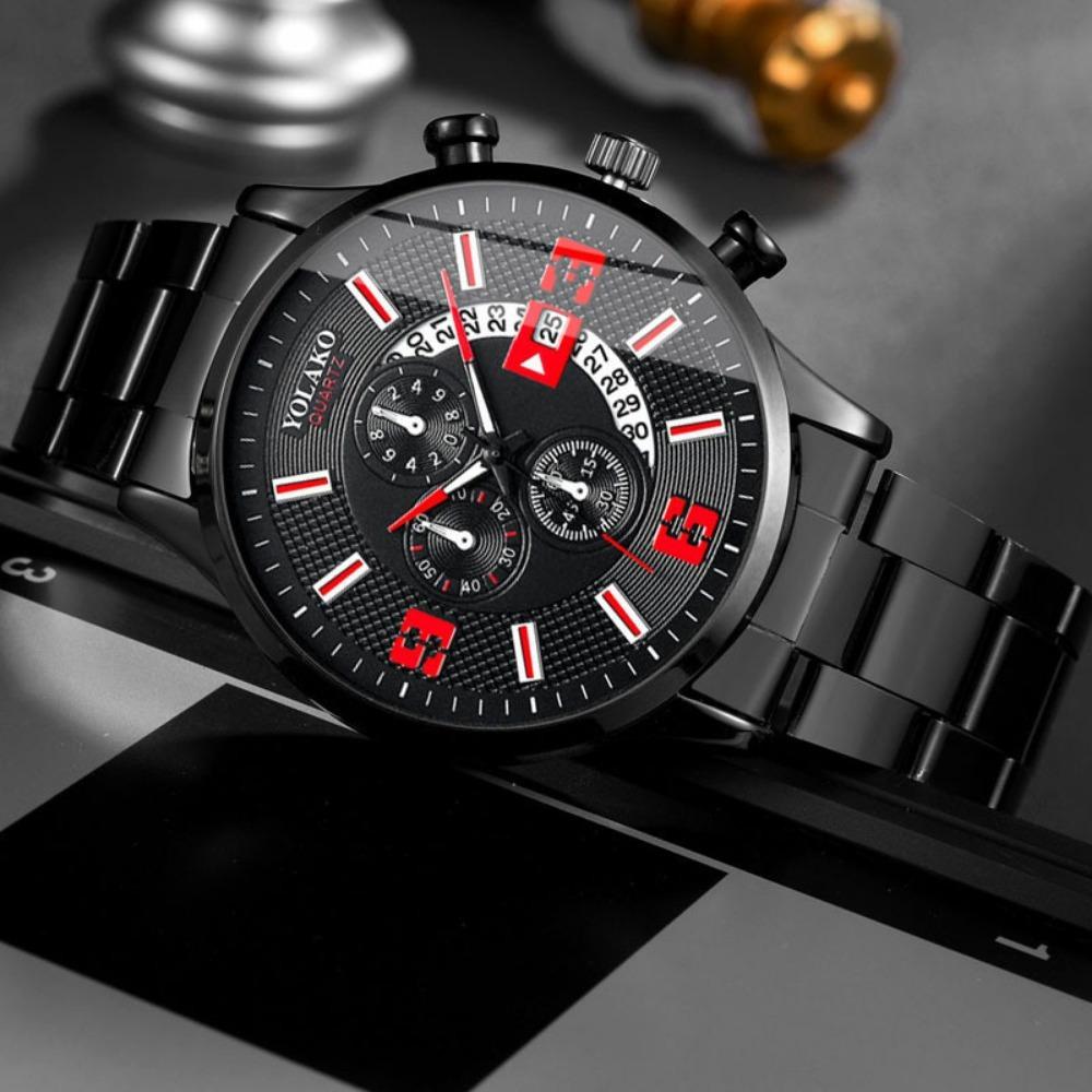 YOLAKO Mens Fashion Calendar Watch Men Business Stainless Steel Mesh Belt Quartz Wrist Watch Male Clock