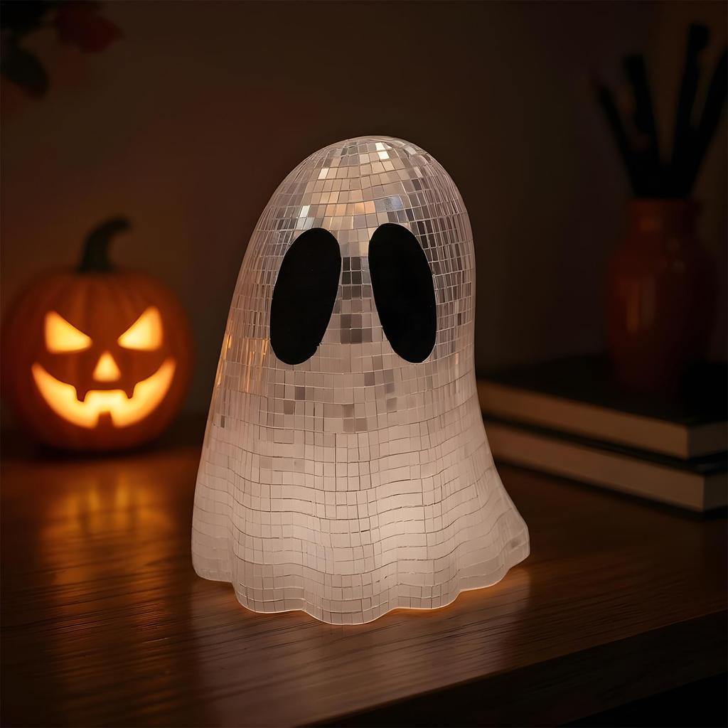 Disco Ball Ghost Halloween Centerpiece Glitter Ghost Sign Decor Tiered Tray Ornaments for Fireplace Mantle Table Desk Home