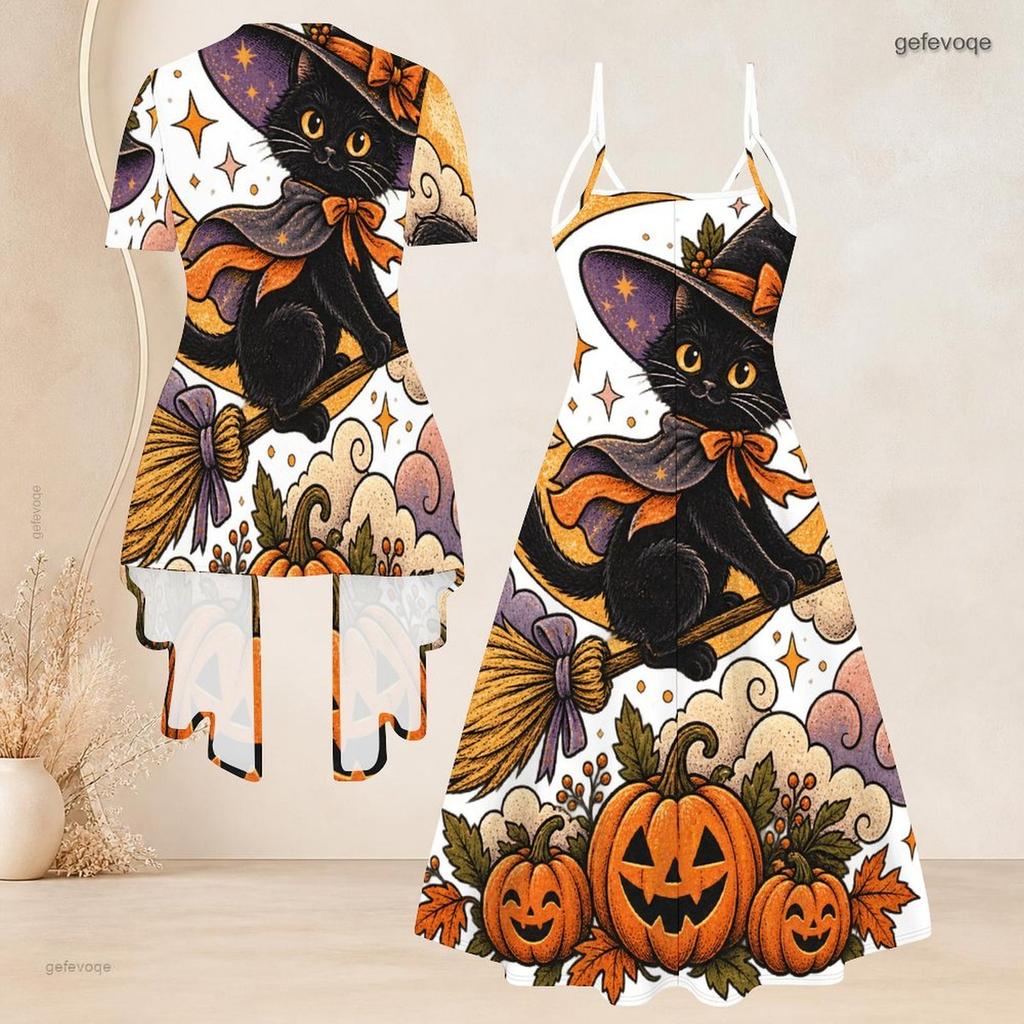 Women Plus Size 2 Piece Outfits Short Sleeve Open Cardigan V Neck Strappy Flared Dress Halloween Raccoon Printed White