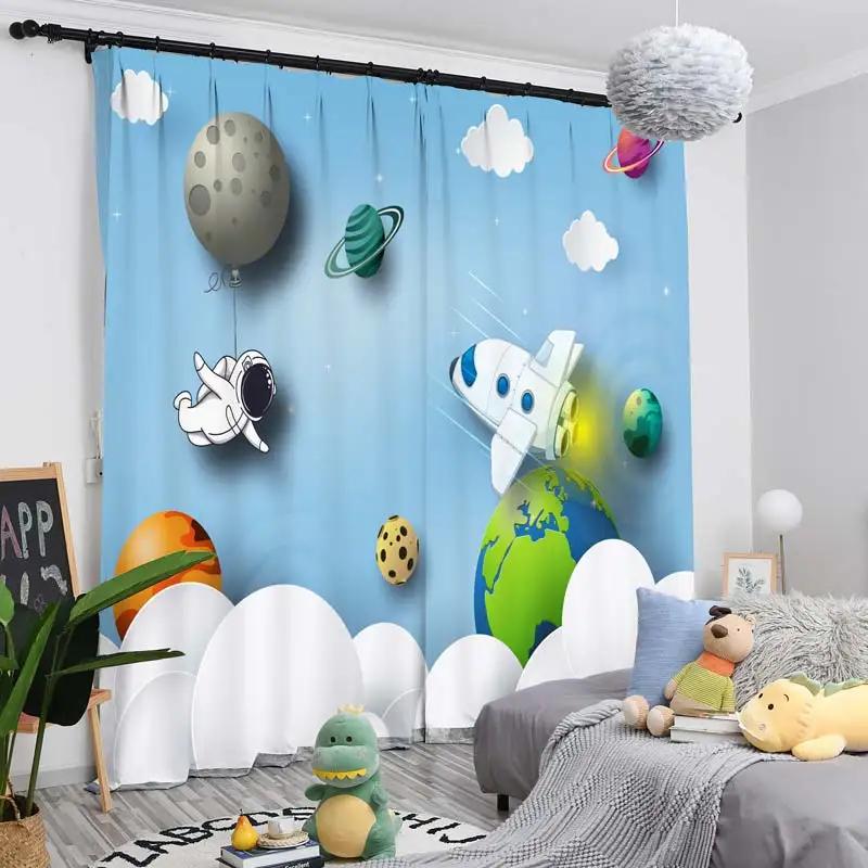 New Cartoon Earth Planet Space Astronaut Rocket Print High Shading Curtain Children's Room Living Room Window Curtain 2Pcs Home