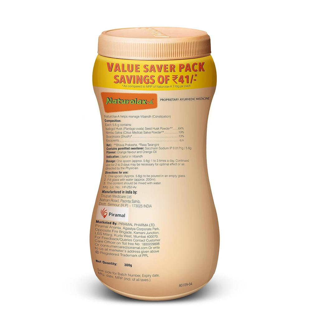 Naturolax-A Isabgol Psyllium Husk Powder 300g Pack of 1 Orange Flavoured Fiber Supplement for Digestion