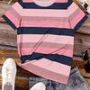 Women's round neck large size short-sleeved T-shirt, pink and blue contrasting wide stripes