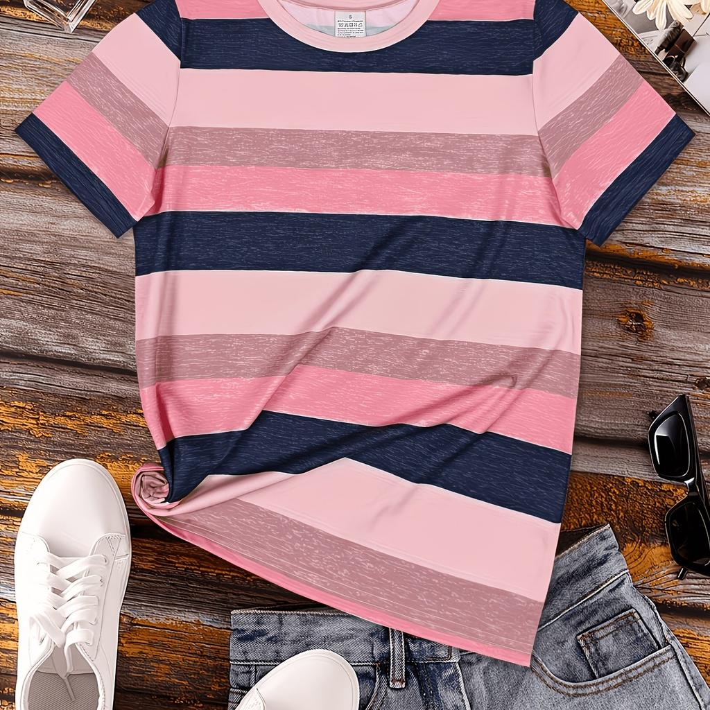 Women's round neck large size short-sleeved T-shirt, pink and blue contrasting wide stripes
