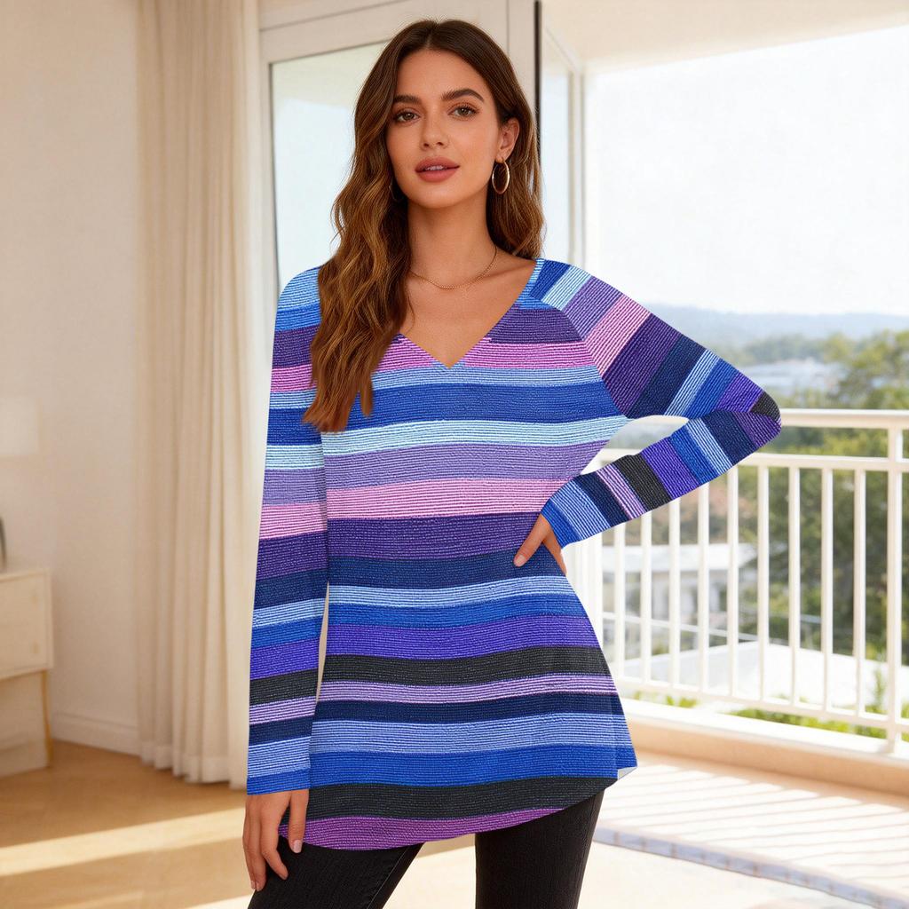 Women's Fashionable Casual Long-Sleeved Striped Print V-Neck Mid-Length Top