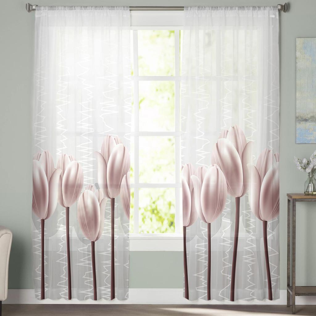Abstract Pink Tulip Portrait Chiffon Sheer Curtains for Living Room Bedroom Home Decoration Window Voile Tulle Curtain Drapes
