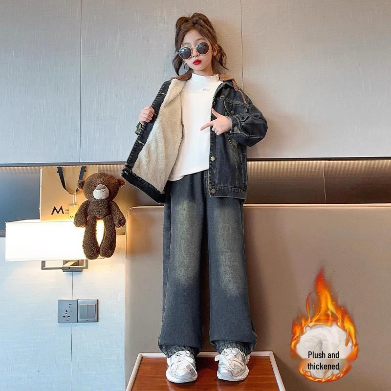 2025 Girls' Fleece-Lined Denim Two-Piece Set - Trendy Autumn/Winter Fashion for Middle and Big Kids