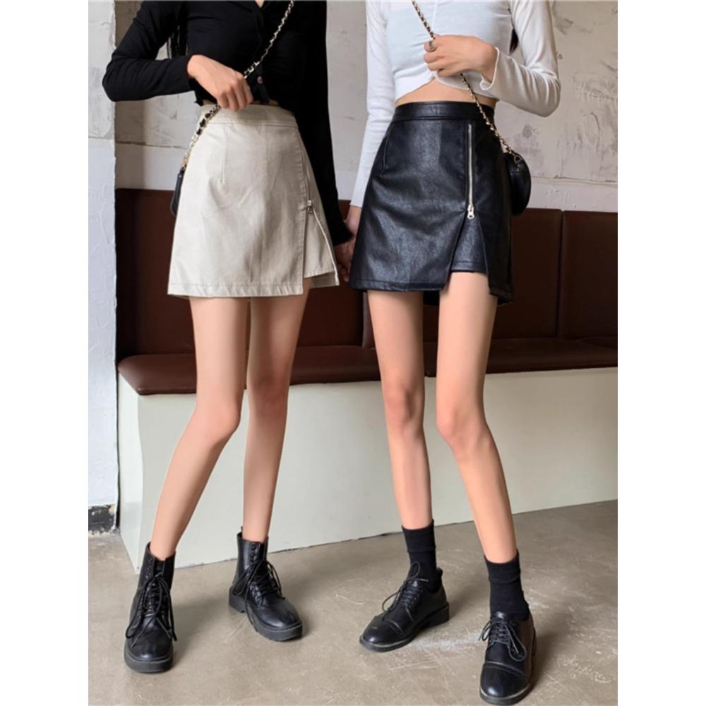 Women's High Waist A‑Line Mini Skirt Irregular PU Mini Skirt Side Zipper Casual Bottoms
