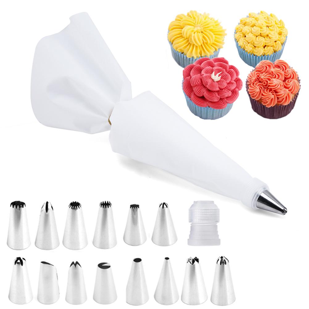 16 Pcs 430 Stainless Steel+PP+TPU Reusable Piping  Bag  Set With Piping Tip Converter Sustainable Professional Accessories For Cakes Baking