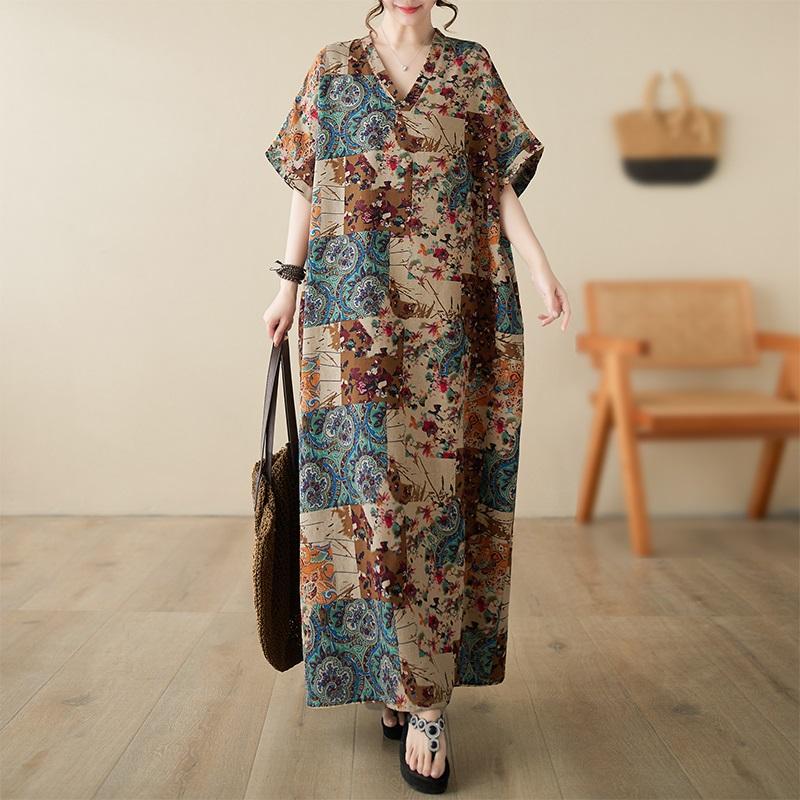 Short Sleeve Plus Size Cotton Vintage Floral New In Dresses for Women Casual Loose Long Summer Dress