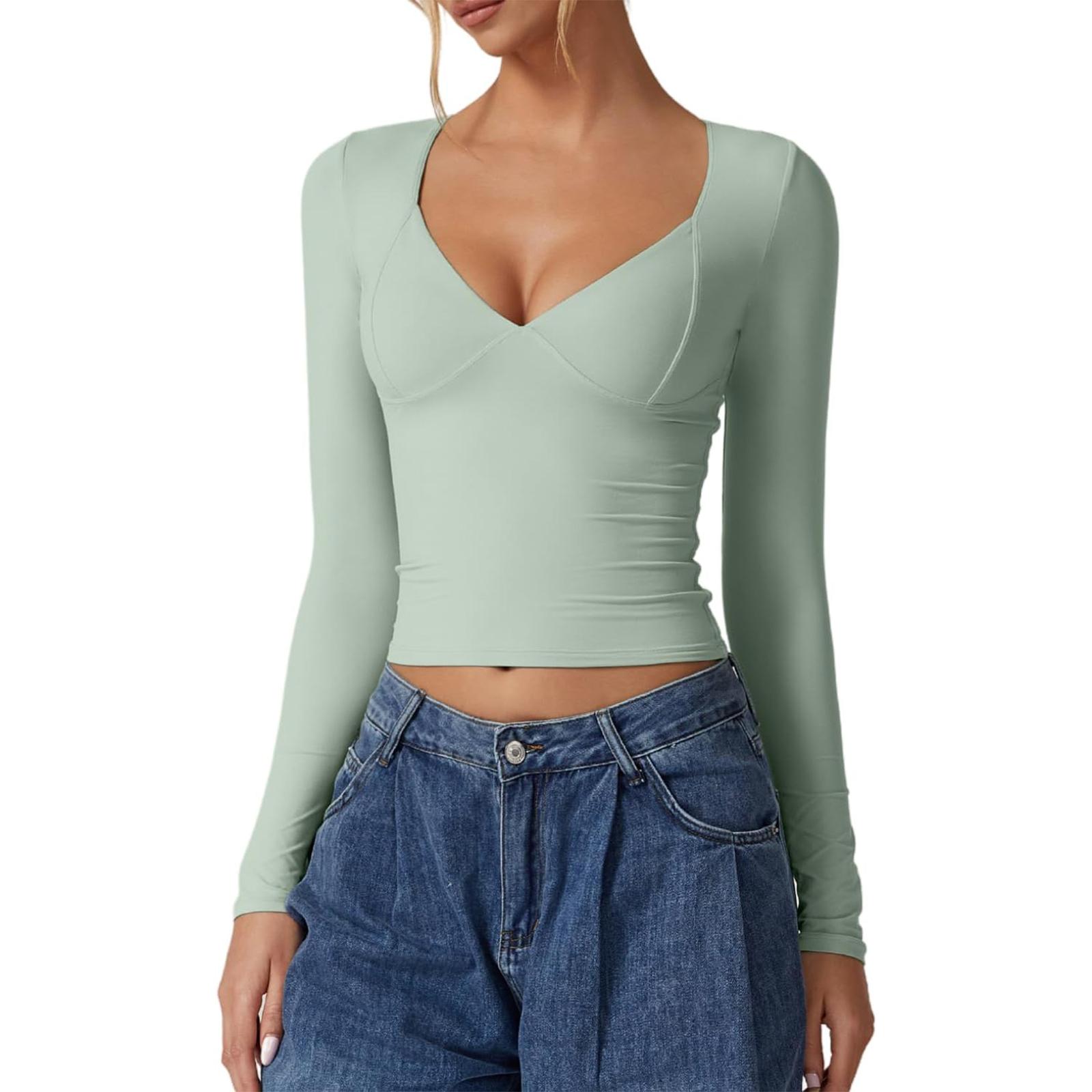 

Женские однотонные футболки с длинными рукавами, облегающие, с вырезом сердечком, повседневные топы на осень S